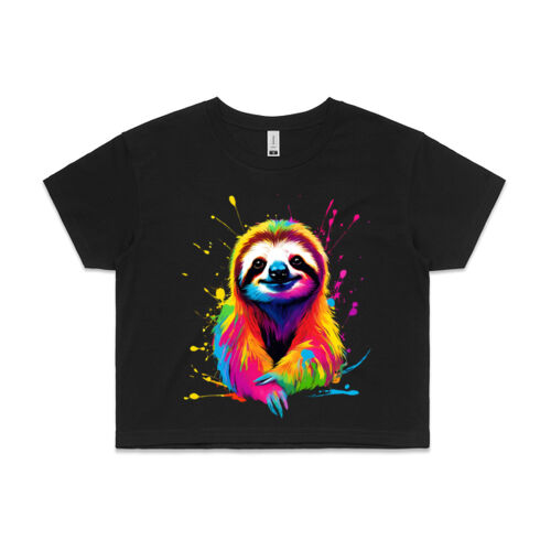 Vibrant Colorful Paint Splatter | Sloth - Womens Crop T-Shirt Thumbnail
