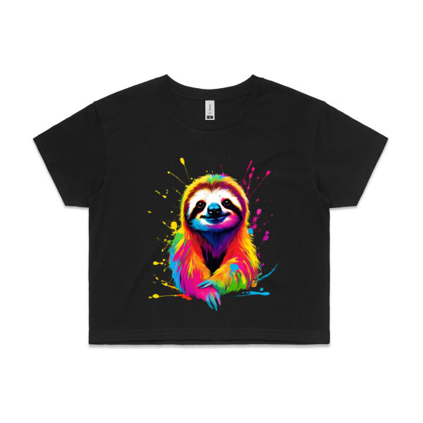 Vibrant Colorful Paint Splatter | Sloth - Womens Crop T-Shirt Thumbnail
