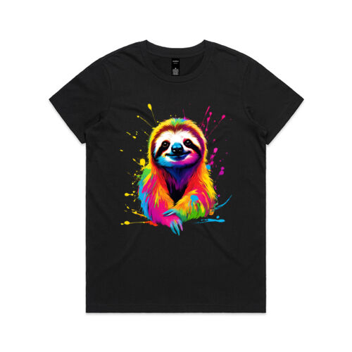 Vibrant Colorful Paint Splatter | Sloth - Womens Maple T-Shirt Thumbnail