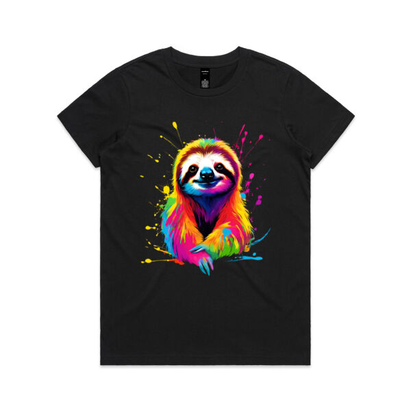 Vibrant Colorful Paint Splatter | Sloth - Womens Maple T-Shirt Thumbnail