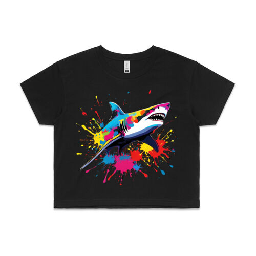 Vibrant Colorful Paint Splatter | Shark - Womens Crop T-Shirt Thumbnail