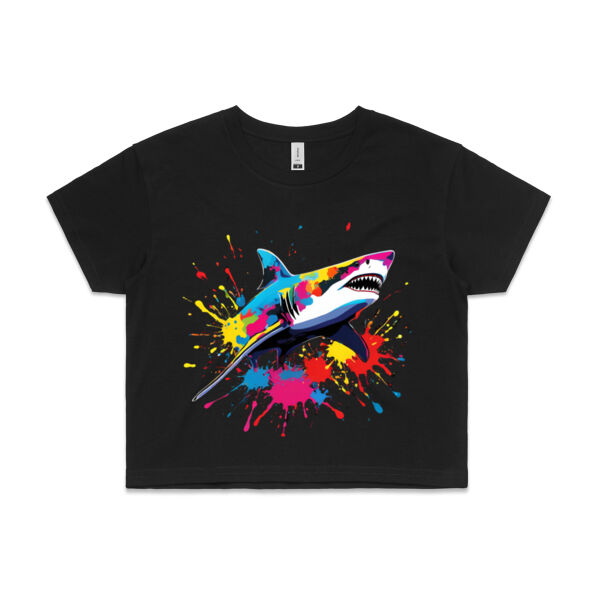 Vibrant Colorful Paint Splatter | Shark - Womens Crop T-Shirt Thumbnail