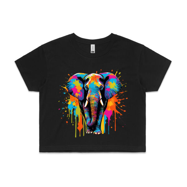 Vibrant Colorful Paint Splatter | Elephant - Womens Crop T-Shirt Thumbnail