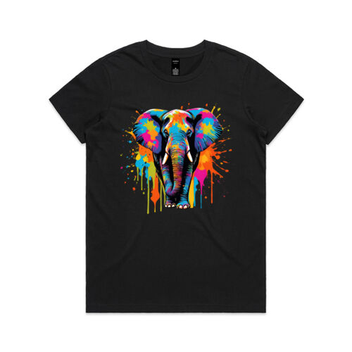 Vibrant Colorful Paint Splatter | Elephant - Womens Maple T-Shirt Thumbnail