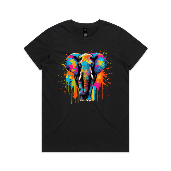 Vibrant Colorful Paint Splatter | Elephant - Womens Maple T-Shirt Thumbnail