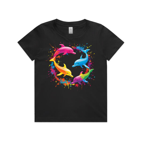 Vibrant Colorful Paint Splatter | Dolphins - Kids T-Shirt Thumbnail