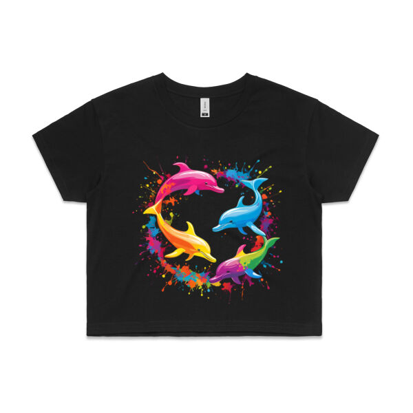 Vibrant Colorful Paint Splatter | Dolphins - Womens Crop T-Shirt Thumbnail