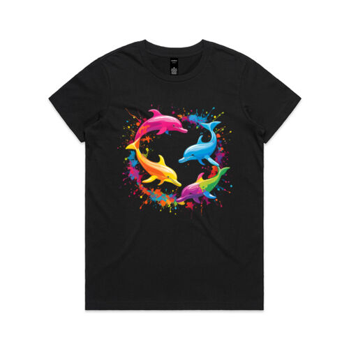 Vibrant Colorful Paint Splatter | Dolphins - Womens Maple T-Shirt Thumbnail