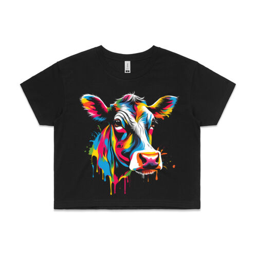 Vibrant Colorful Paint Splatter | Cow - Womens Crop T-Shirt Thumbnail