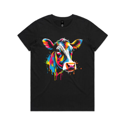 Vibrant Colorful Paint Splatter | Cow - Womens Maple T-Shirt Thumbnail