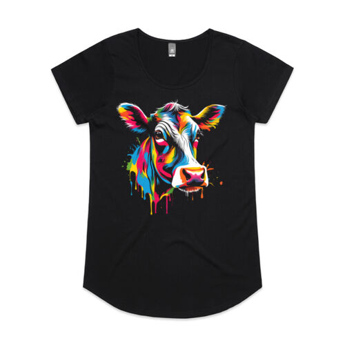 Vibrant Colorful Paint Splatter | Cow - Womens Mali T-Shirt Thumbnail