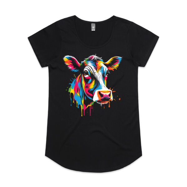Vibrant Colorful Paint Splatter | Cow - Womens Mali T-Shirt Thumbnail