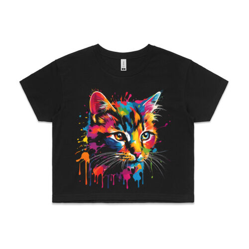 Vibrant Colorful Paint Splatter | Cat - Womens Crop T-Shirt Thumbnail