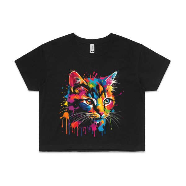 Vibrant Colorful Paint Splatter | Cat - Womens Crop T-Shirt Thumbnail