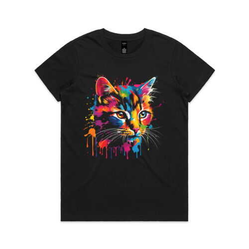 Vibrant Colorful Paint Splatter | Cat - Womens Maple T-Shirt Thumbnail