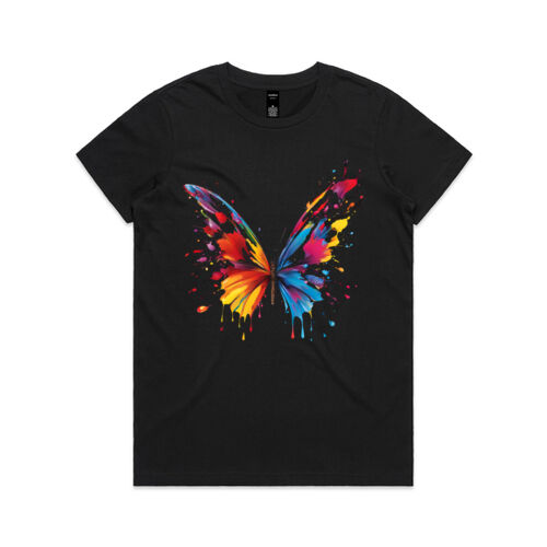 Vibrant Colorful Paint Splatter | Butterfly - Womens Maple T-Shirt Thumbnail